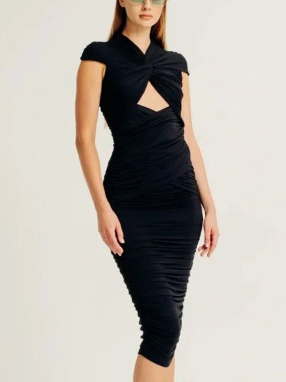 Torn by Ronny Kobo Heidi Black Cutout Ruched Midi Dress Size XS